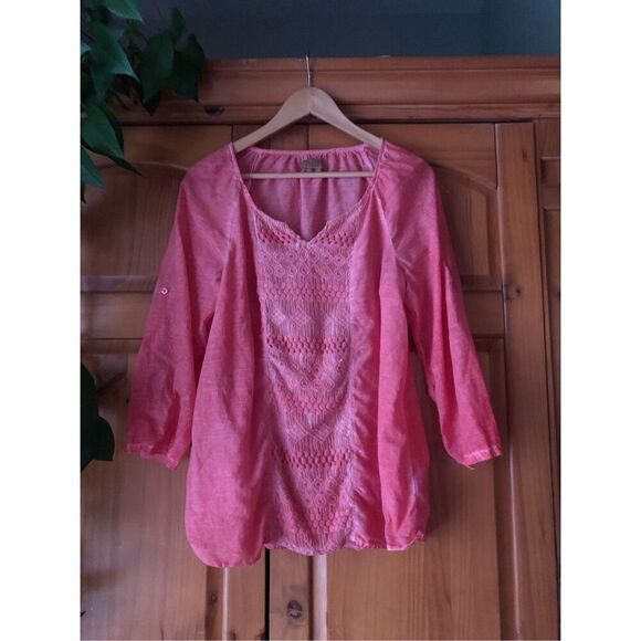 Valerie Stevens coral pink crochet front panel  blouse SZ M - Picture 2 of 12